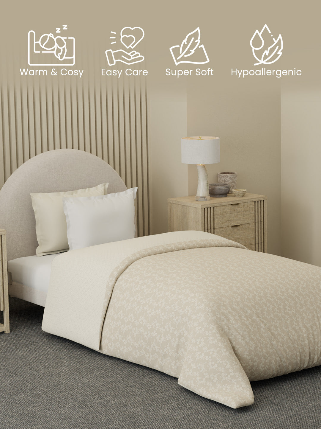 Reversible Single Comforter 100% Cotton 300 TC — Beige Floral Design | For Mild Winter, All Season Cottage Garden Collection, Cozy Winter Bedding