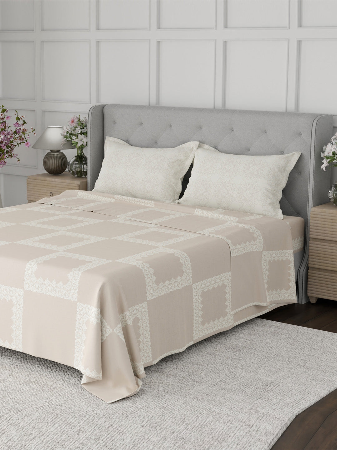 100% Cotton 300 TC, Printed King Bedsheet Set for Gifting, Cottage Garden