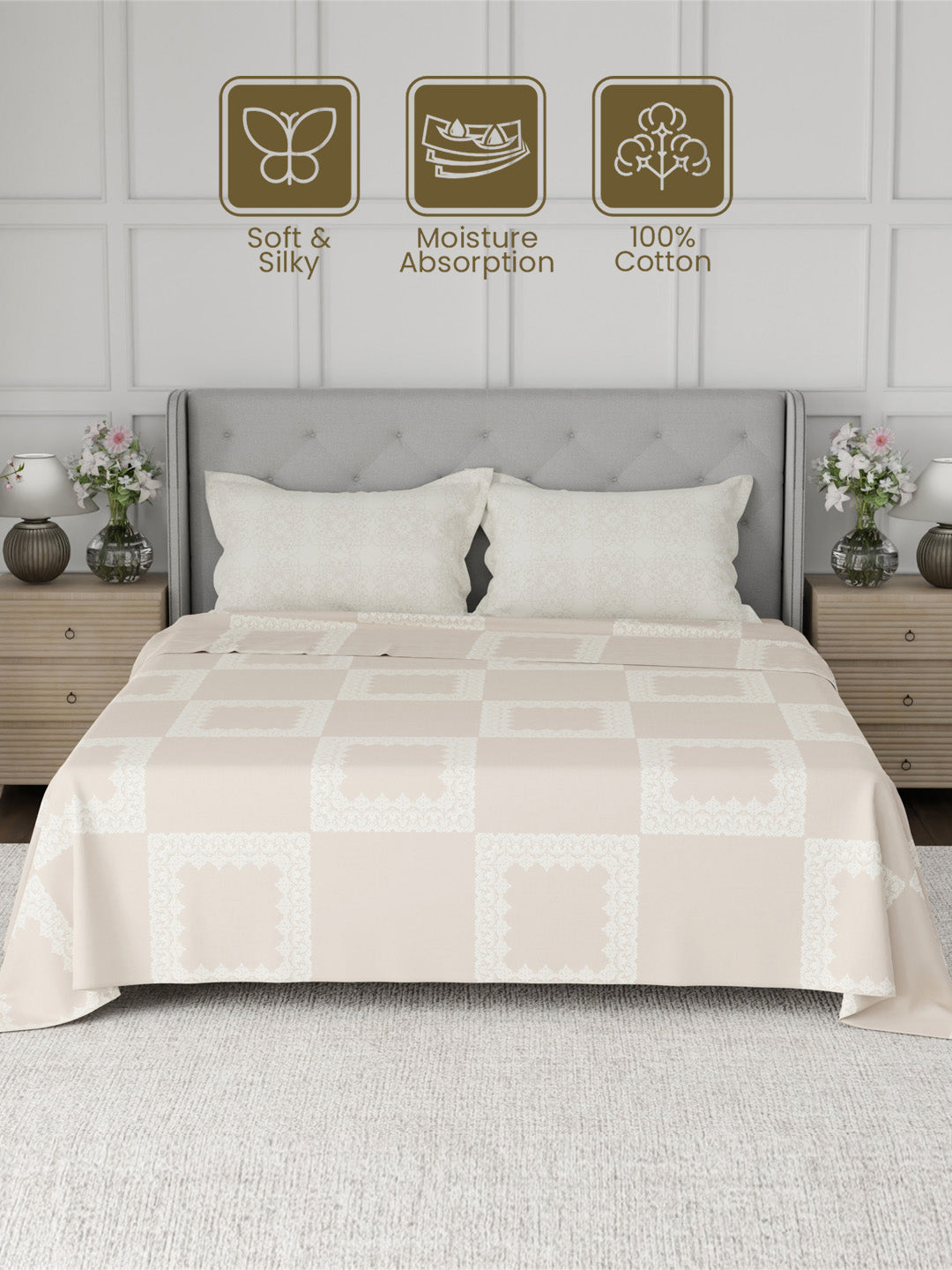 100% Cotton 300 TC, Printed King Bedsheet Set for Gifting, Cottage Garden