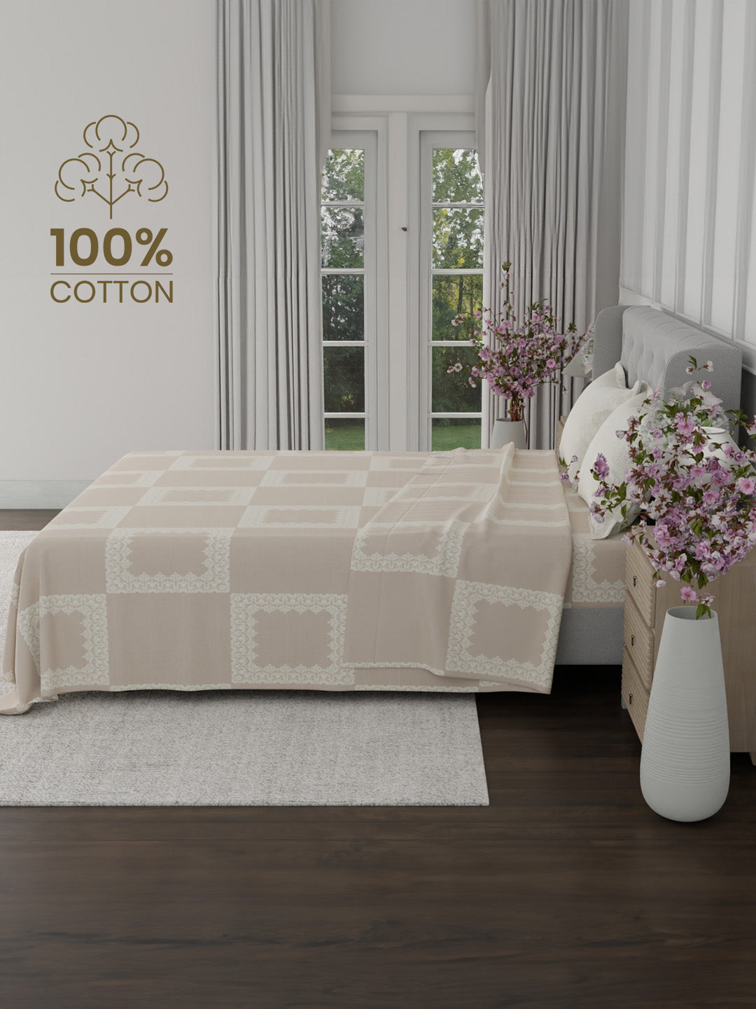 100% Cotton 300 TC, Printed King Bedsheet Set for Gifting, Cottage Garden