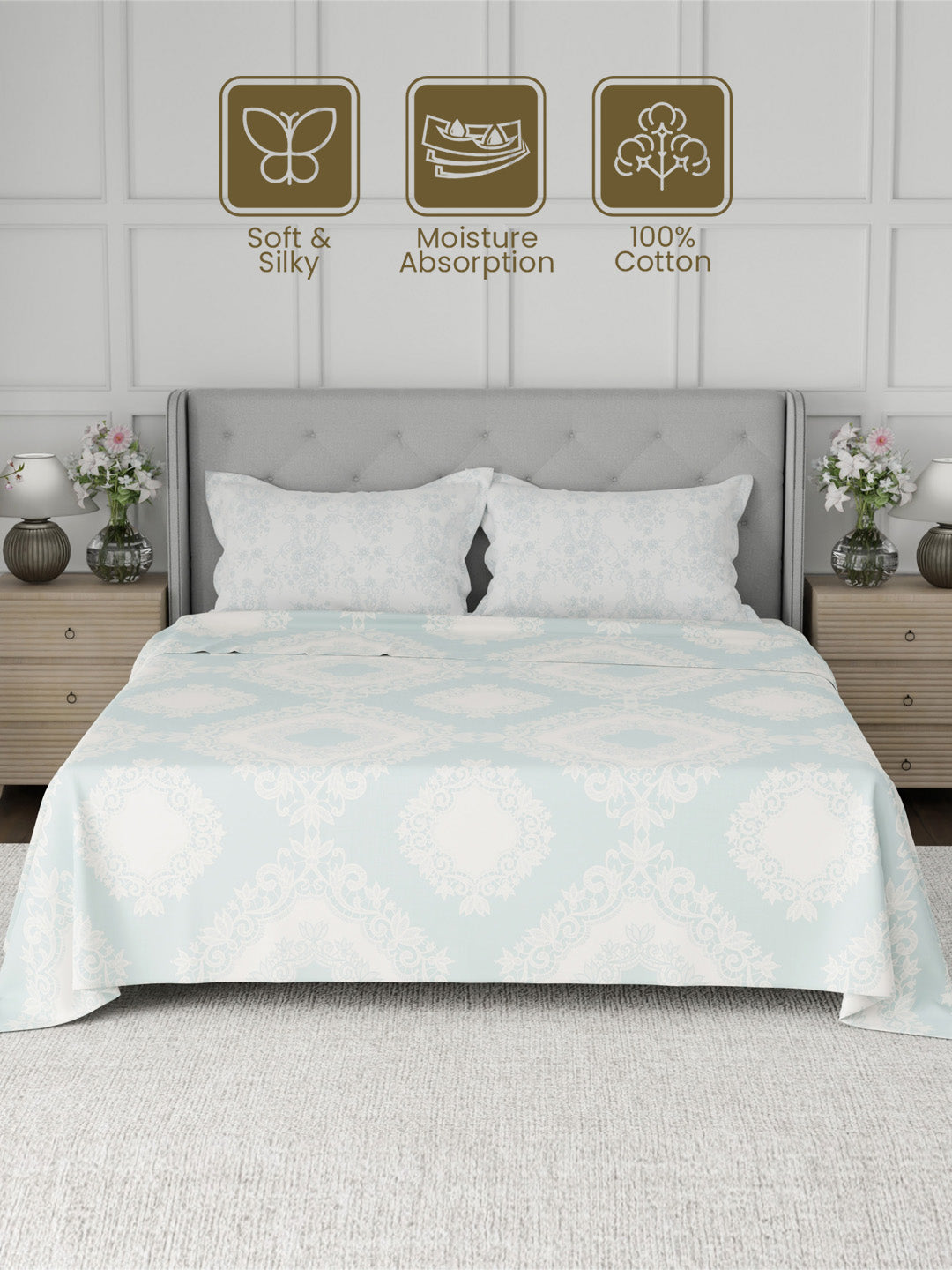 100% Cotton 300 TC, Printed King Bedsheet Set for Gifting, Cottage Garden