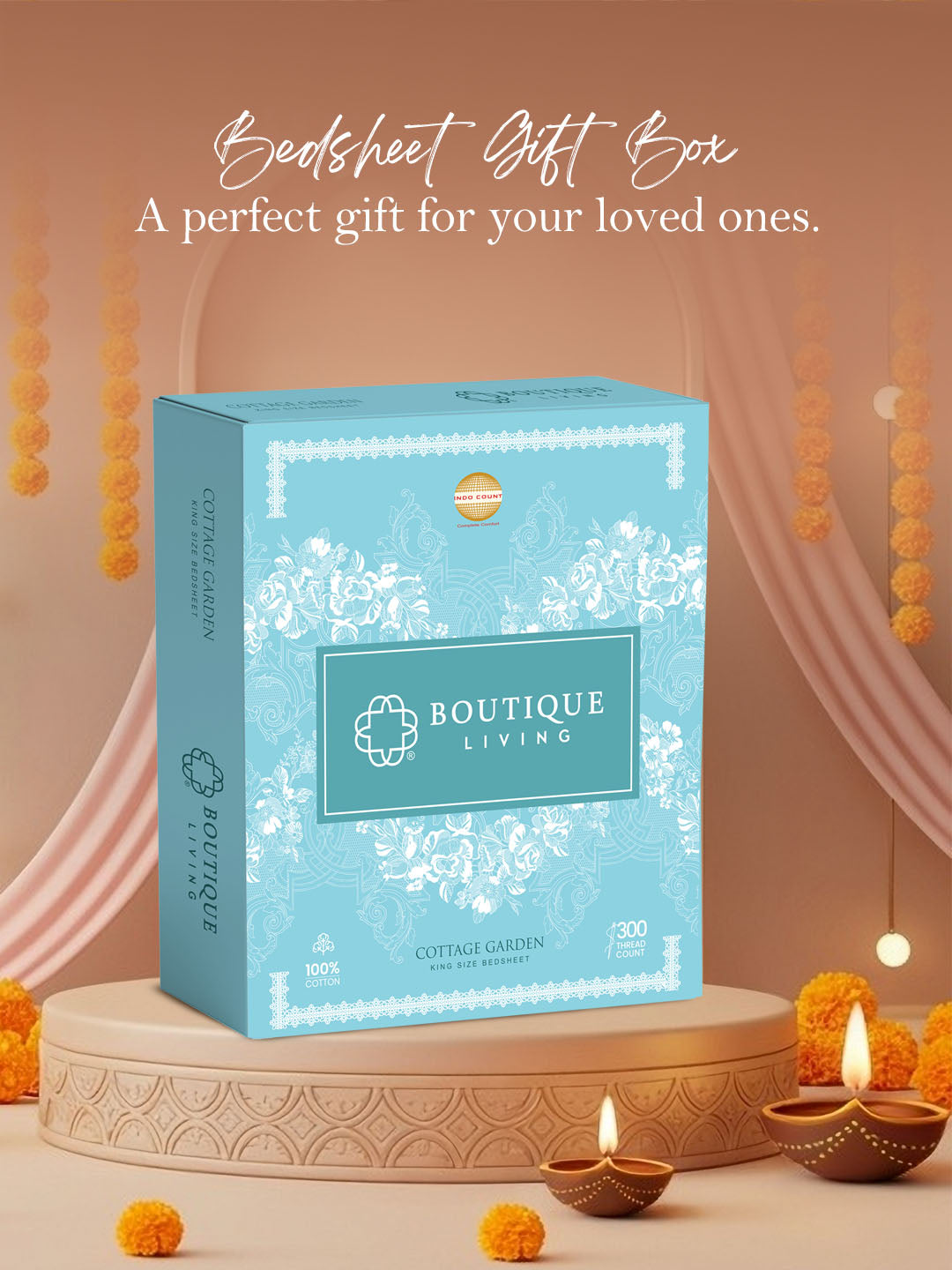 100% Cotton 300 TC, Printed King Bedsheet Set for Gifting, Cottage Garden