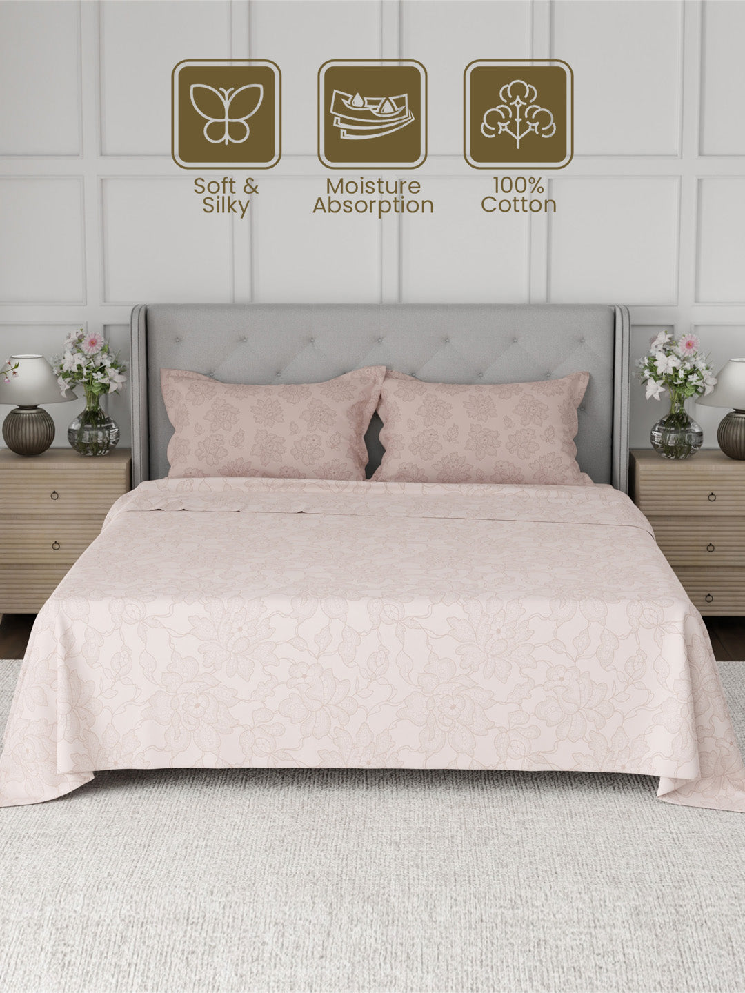 100% Cotton 300 TC, Printed King Bedsheet Set for Gifting, Cottage Garden