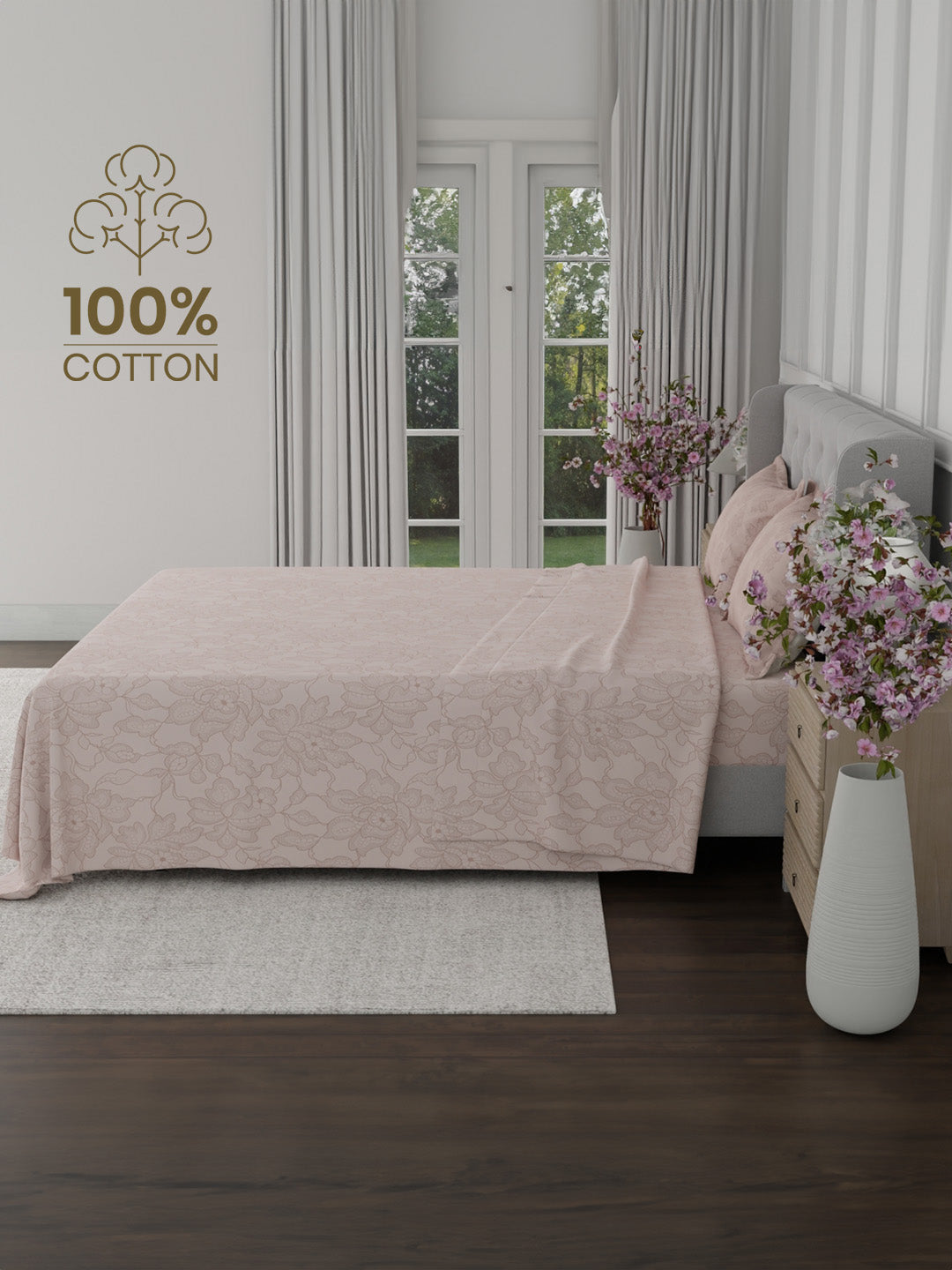 100% Cotton 300 TC, Printed King Bedsheet Set for Gifting, Cottage Garden