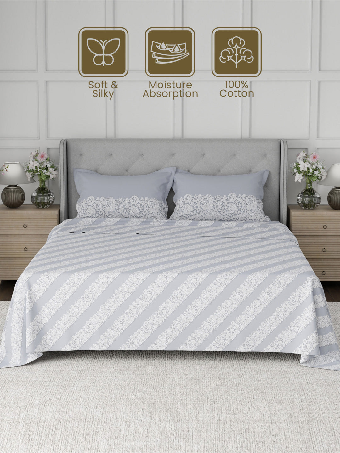 100% Cotton 300 TC, Printed King Bedsheet Set for Gifting, Cottage Garden