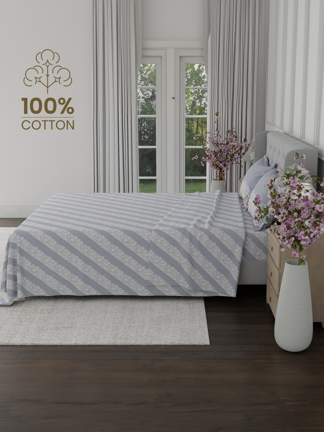 100% Cotton 300 TC, Printed King Bedsheet Set for Gifting, Cottage Garden