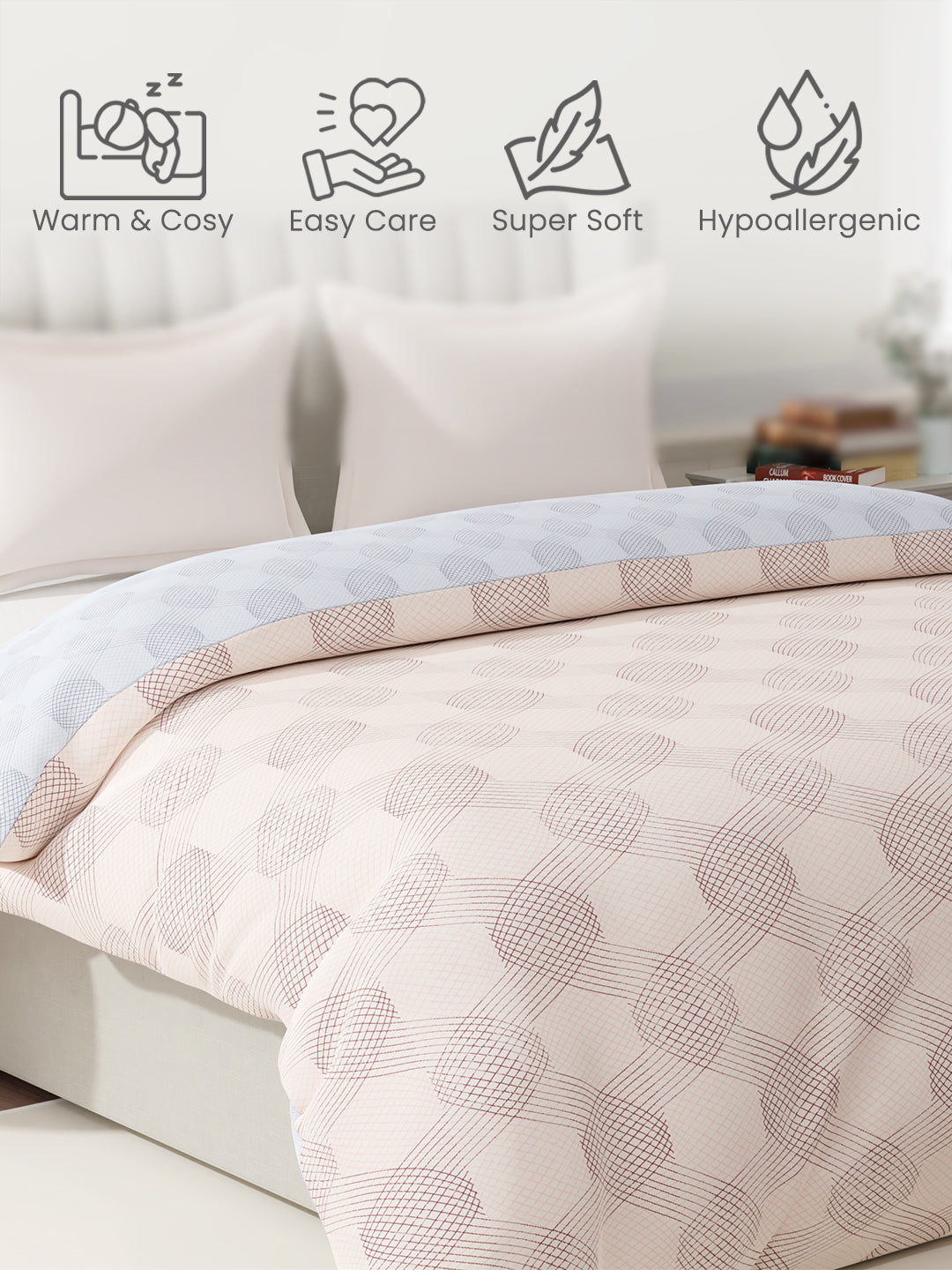 100% Cotton Reversible Double Comforter, 152 TC Cream & Blue Geometrical Print, Embrace Collection