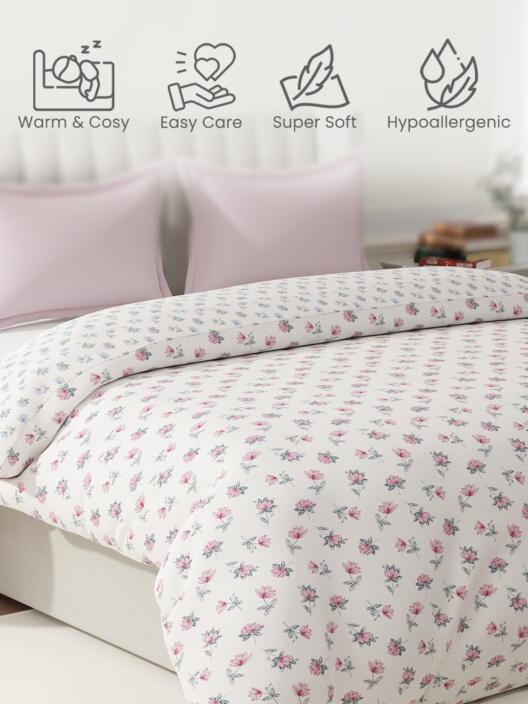100% Cotton Reversible Double Comforter, 152 TC Blue & Pink Floral Print, Embrace Collection