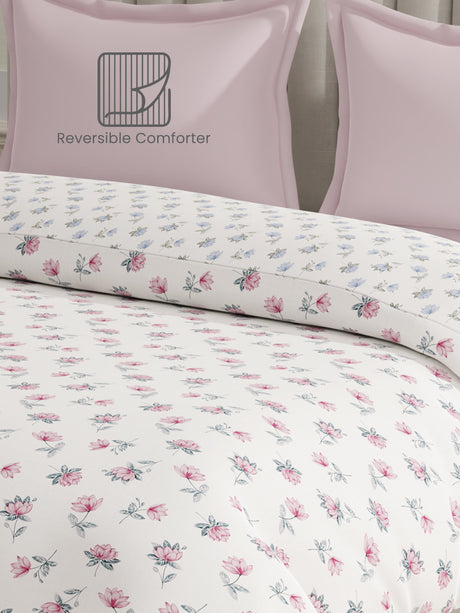 100% Cotton Reversible Double Comforter, 152 TC Blue & Pink Floral Print, Embrace Collection