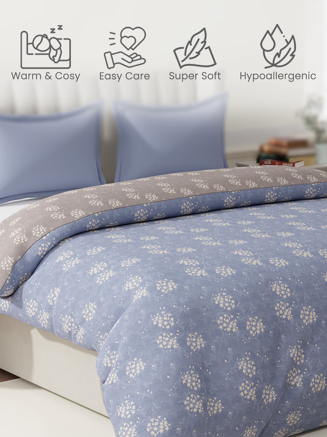 100% Cotton Reversible Double Comforter, 152 TC Blue & Grey Floral Print, Embrace Collection