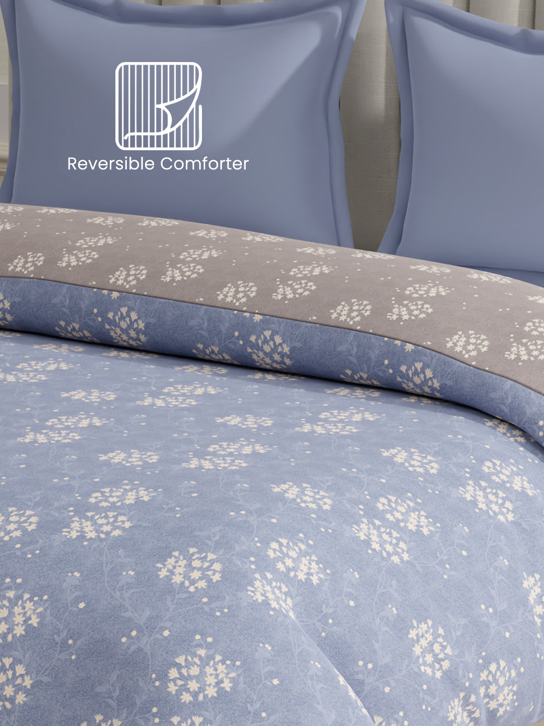 100% Cotton Reversible Double Comforter, 152 TC Blue & Grey Floral Print, Embrace Collection