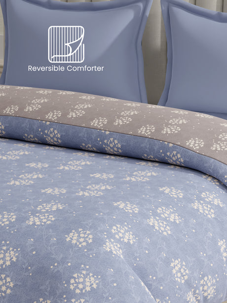 100% Cotton Reversible Double Comforter, 152 TC Blue & Grey Floral Print, Embrace Collection
