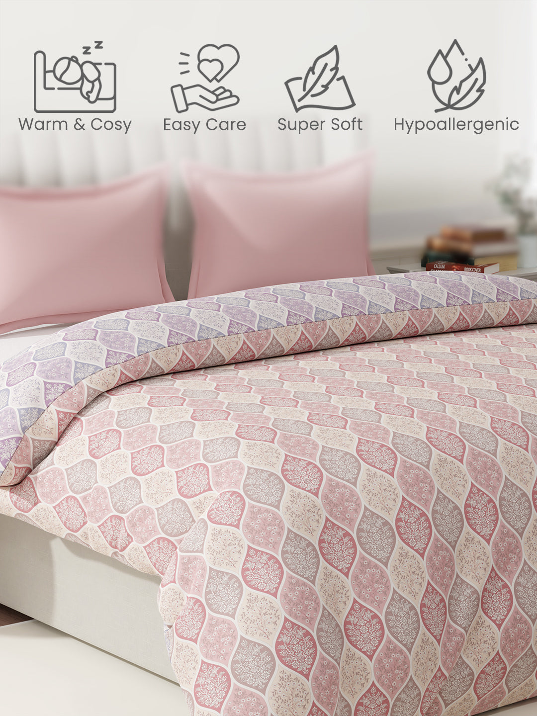 100% Cotton Reversible Double Comforter, 152 TC Pink & Purple Floral Print, Embrace Collection