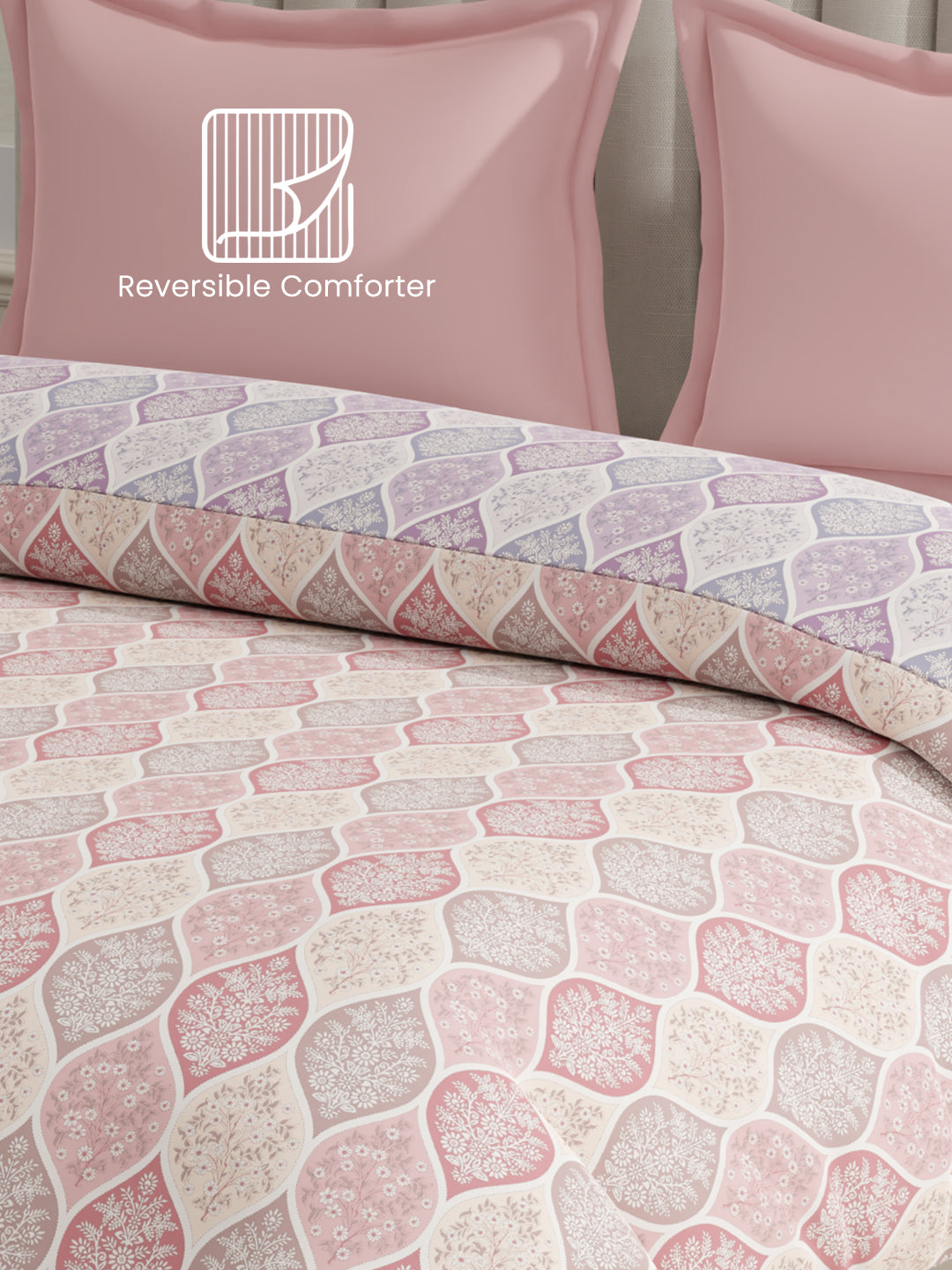 100% Cotton Reversible Double Comforter, 152 TC Pink & Purple Floral Print, Embrace Collection