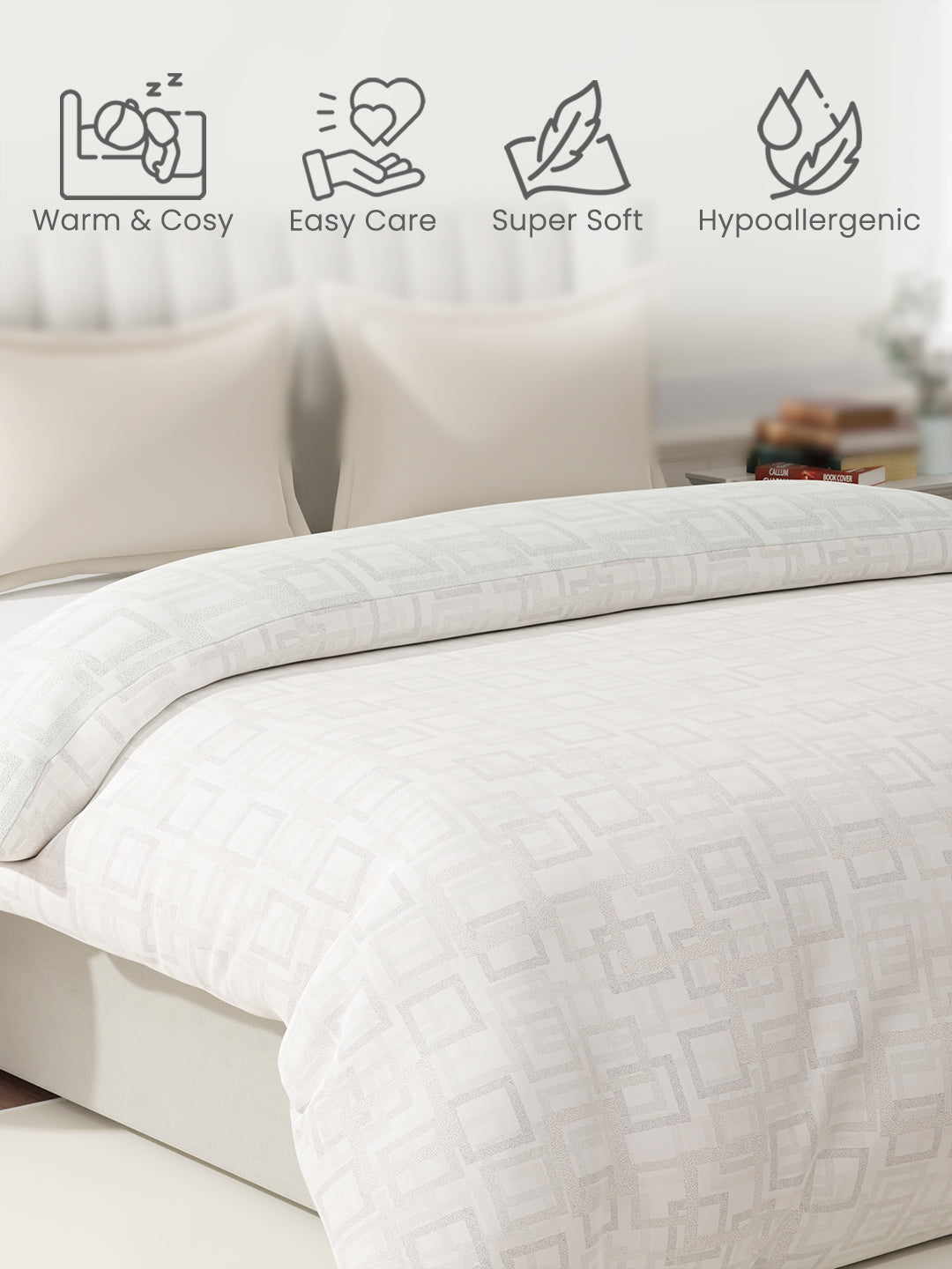 100% Cotton Reversible Double Comforter, 152 TC Grey & Cream Geometrical Print, Embrace Collection