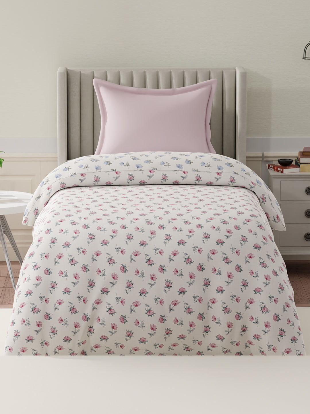 100% Cotton Reversible Single Comforter, 152 TC Blue & Pink Floral Print, Embrace Collection