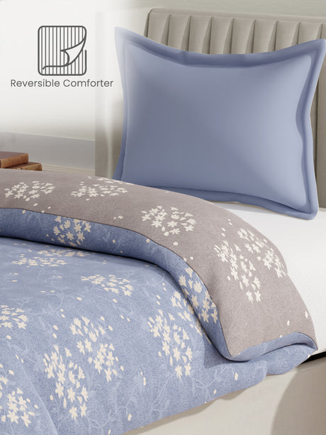 100% Cotton Reversible Single Comforter, 152 TC Blue & Grey Floral Print, Embrace Collection