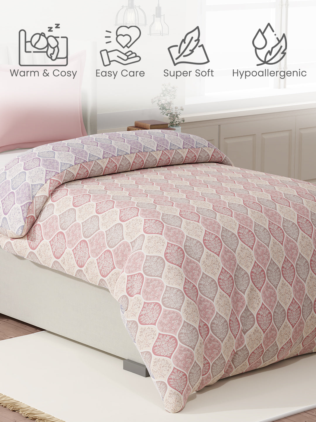 100% Cotton Reversible Single Comforter, 152 TC Pink & Purple Floral Print, Embrace Collection