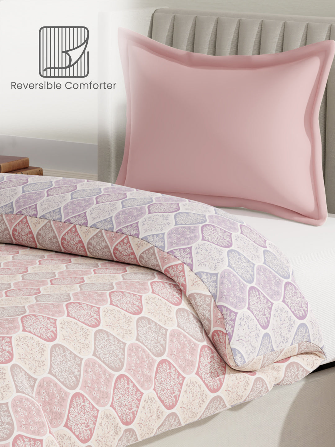 100% Cotton Reversible Single Comforter, 152 TC Pink & Purple Floral Print, Embrace Collection
