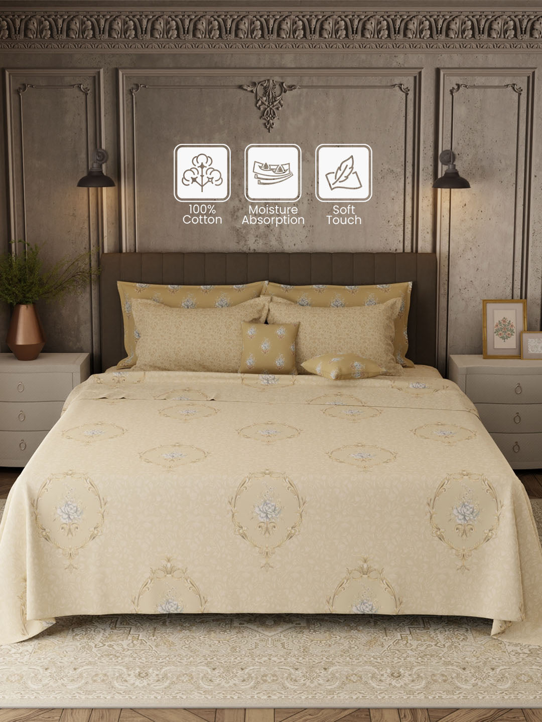 100% Cotton 800 TC, Printed King Bedsheet Set, Platinum Pulse