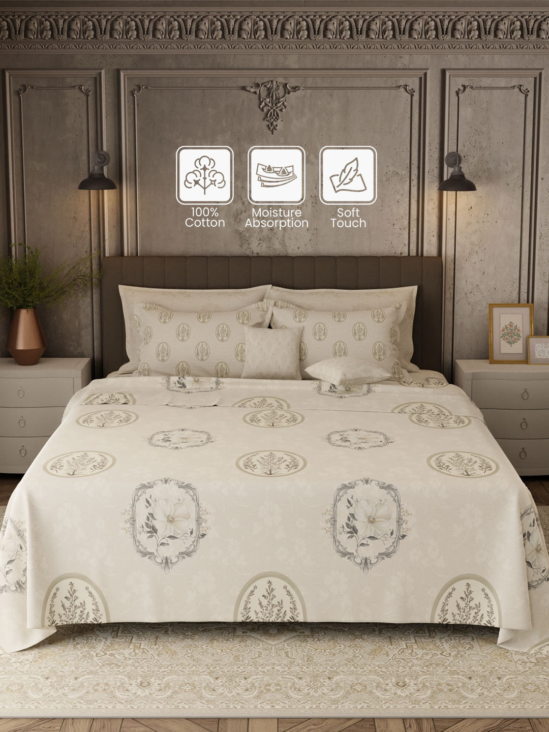 100% Cotton 800 TC, Printed King Bedsheet Set, Platinum Pulse