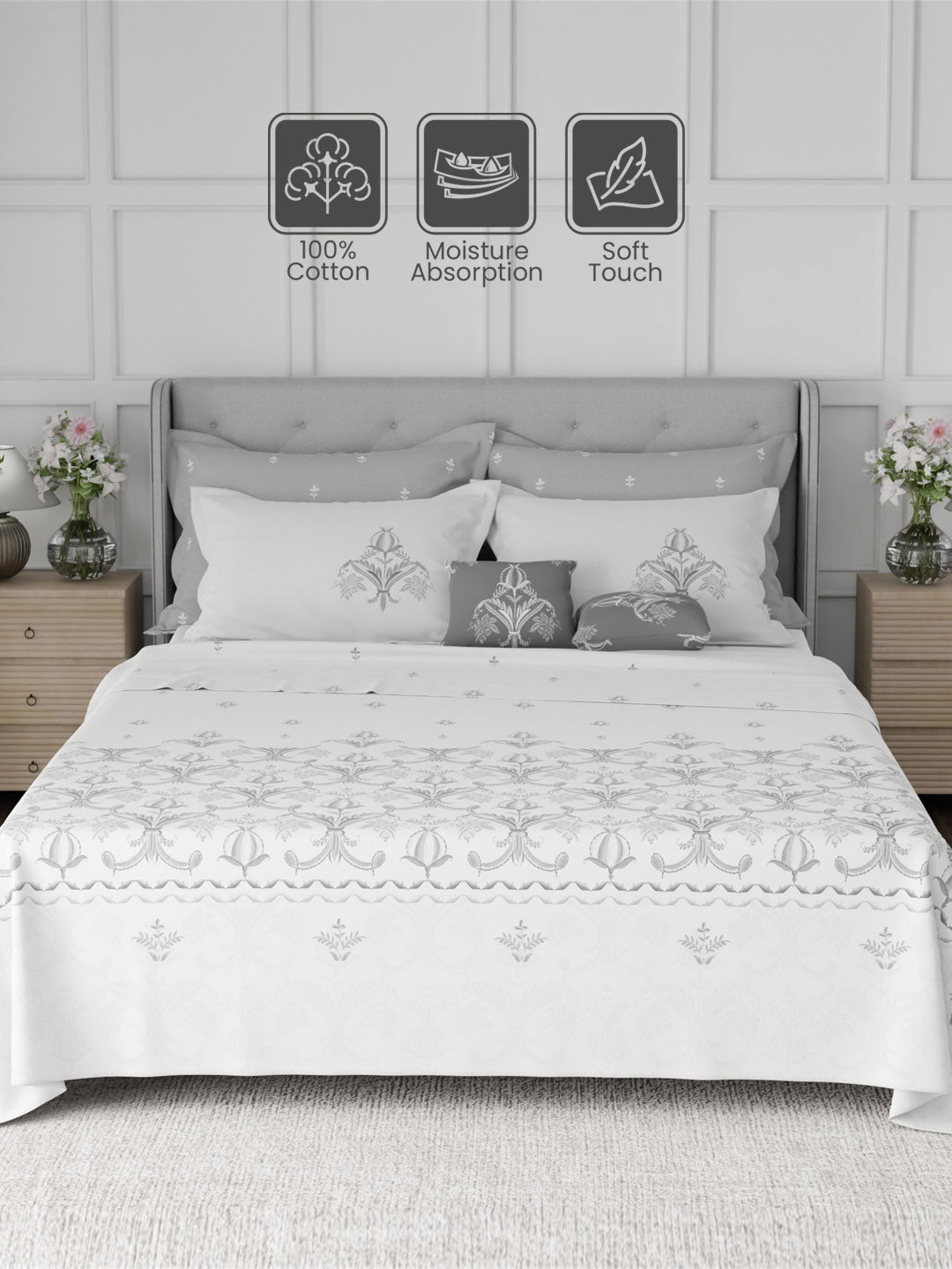 100% Cotton King Bedsheet Set, 600 TC Printed, Luxe Loom