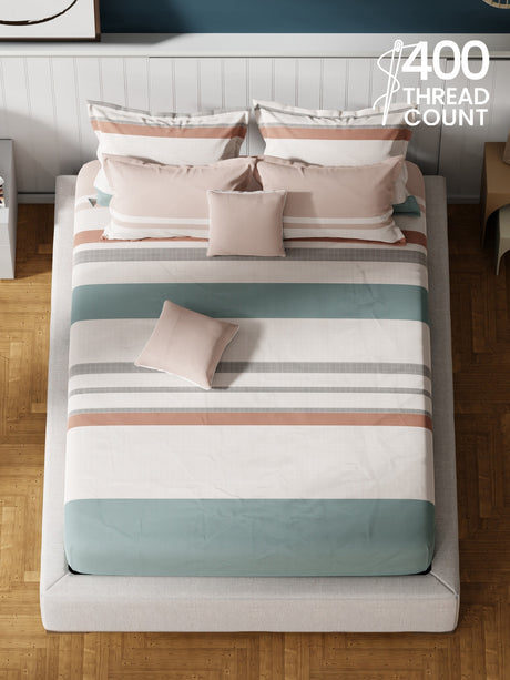 100% Cotton King Bedsheet Set with 4 Pillow Covers & 2 Cushion Covers, 400 TC Multicolor Geometrical, Royal Essence