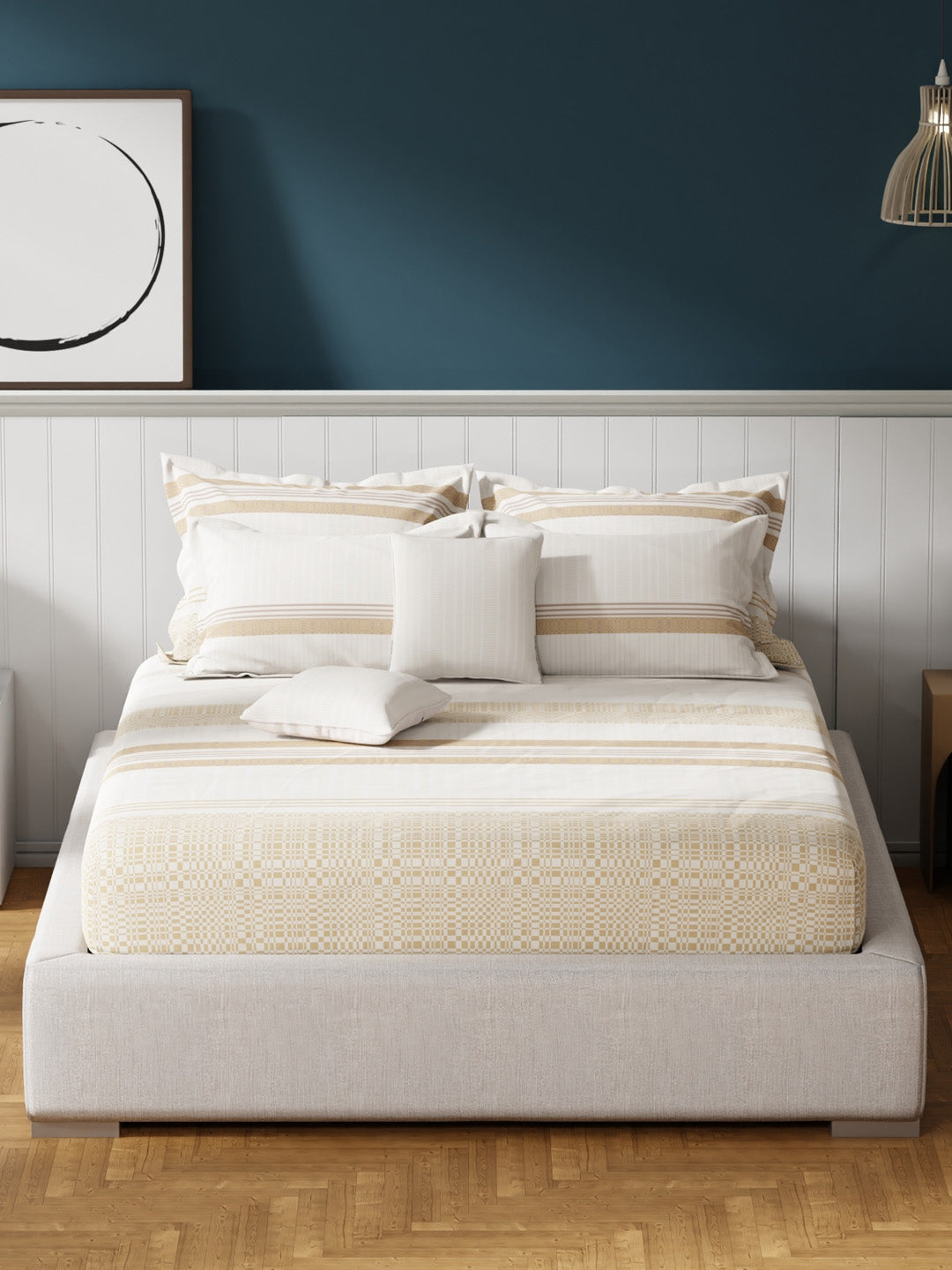 100% Cotton King Bedsheet Set with 4 Pillow Covers & 2 Cushion Covers, 400 TC Beige & White Geometrical, Royal Essence