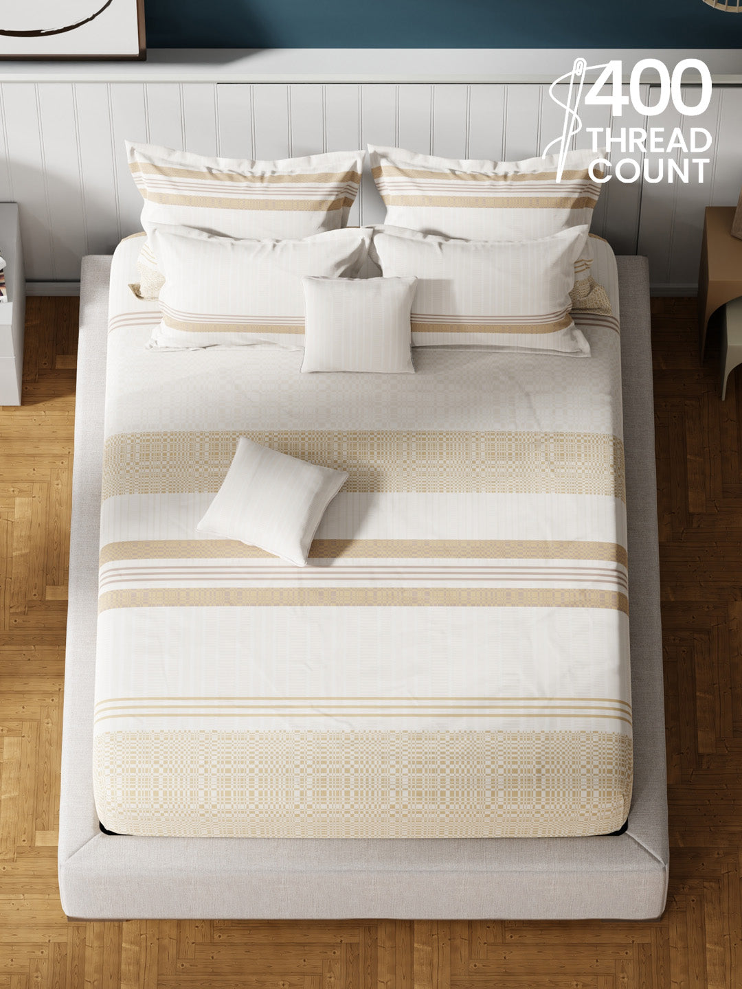 100% Cotton King Bedsheet Set with 4 Pillow Covers & 2 Cushion Covers, 400 TC Beige & White Geometrical, Royal Essence