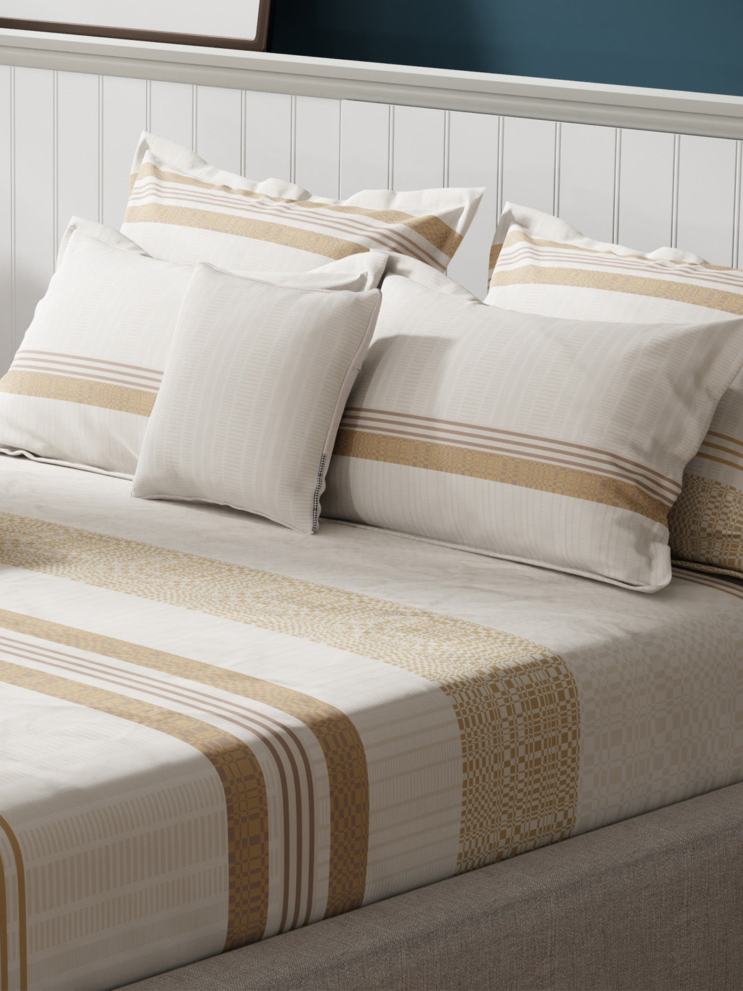 100% Cotton King Bedsheet Set with 4 Pillow Covers & 2 Cushion Covers, 400 TC Beige & White Geometrical, Royal Essence