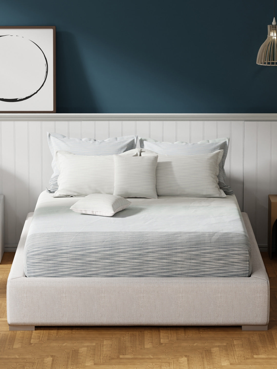 100% Cotton King Bedsheet Set with 4 Pillow Covers & 2 Cushion Covers, 400 TC Grey Geometrical, Royal Essence