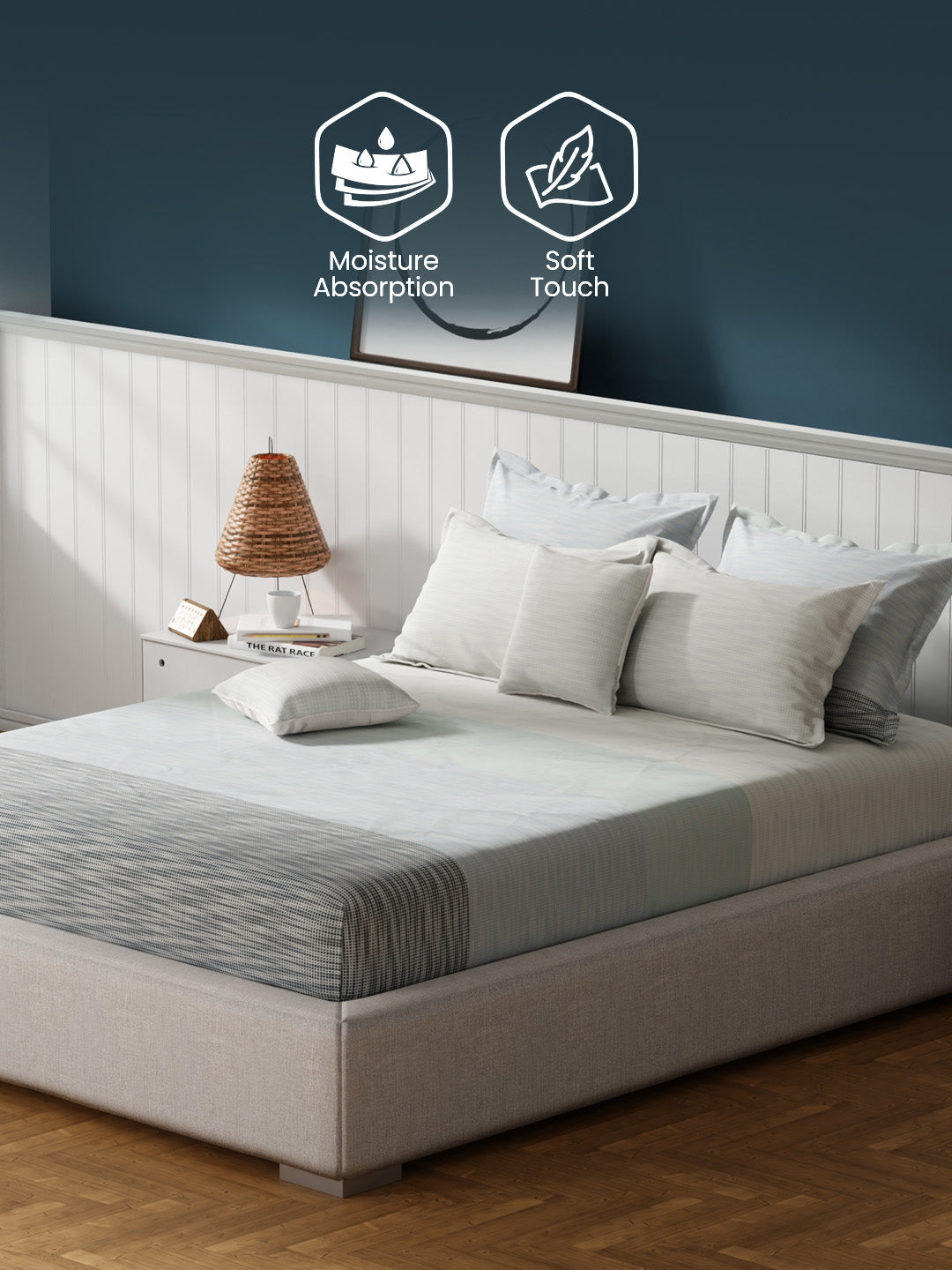 100% Cotton King Bedsheet Set with 4 Pillow Covers & 2 Cushion Covers, 400 TC Grey Geometrical, Royal Essence
