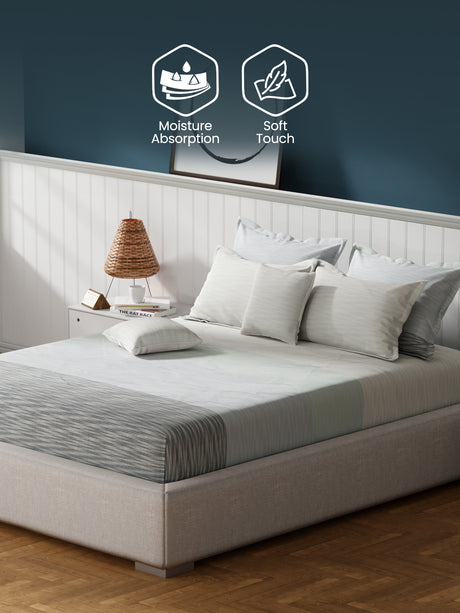 100% Cotton King Bedsheet Set with 4 Pillow Covers & 2 Cushion Covers, 400 TC Grey Geometrical, Royal Essence