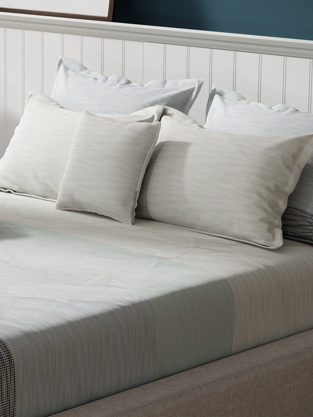 100% Cotton King Bedsheet Set with 4 Pillow Covers & 2 Cushion Covers, 400 TC Grey Geometrical, Royal Essence