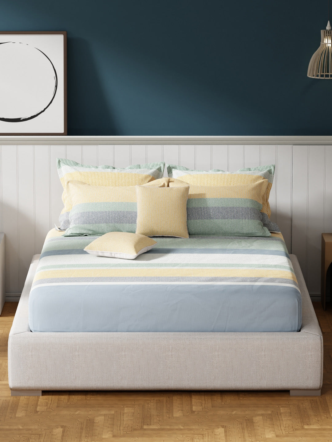 100% Cotton King Bedsheet Set with 4 Pillow Covers & 2 Cushion Covers, 400 TC Multicolor Geometrical, Royal Essence