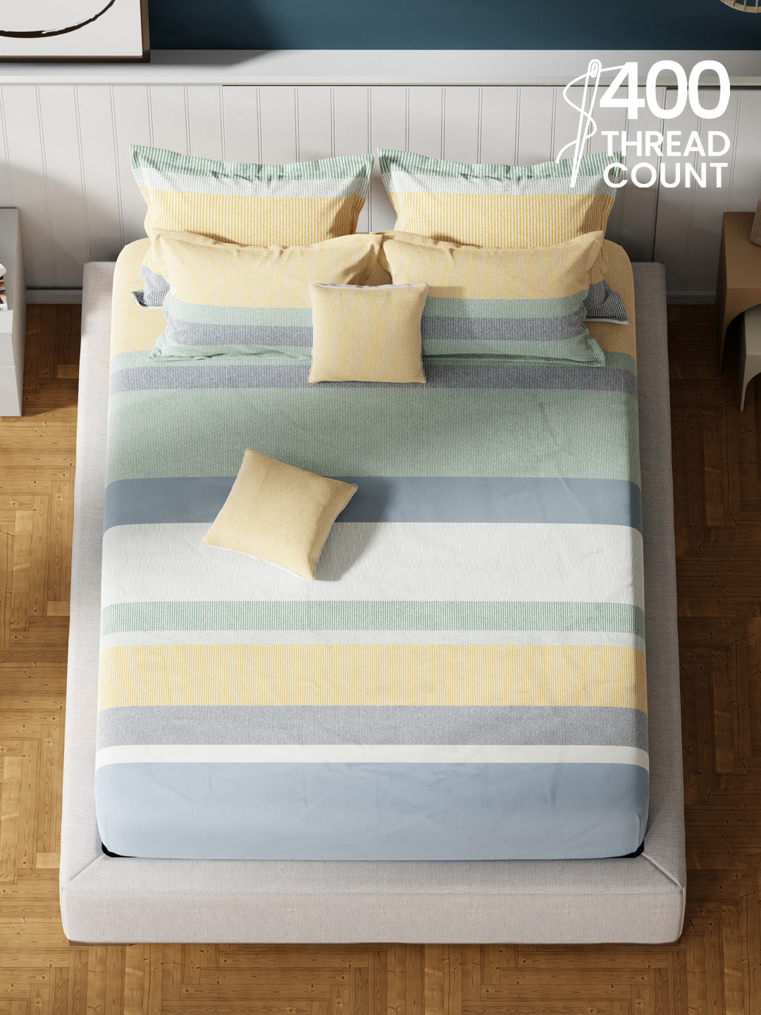 100% Cotton King Bedsheet Set with 4 Pillow Covers & 2 Cushion Covers, 400 TC Multicolor Geometrical, Royal Essence