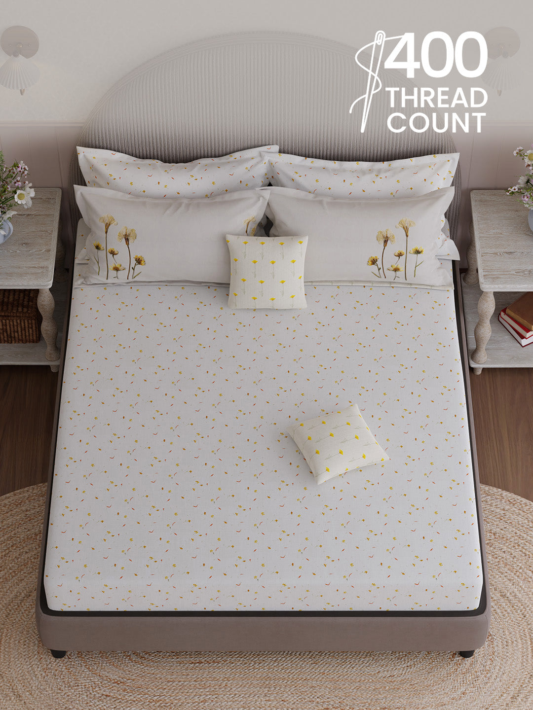100% Cotton King Bedsheet Set with 4 Pillow Covers & 2 Cushion Covers, 400 TC White Floral, Royal Essence