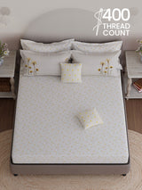 100% Cotton King Bedsheet Set with 4 Pillow Covers & 2 Cushion Covers, 400 TC White Floral, Royal Essence