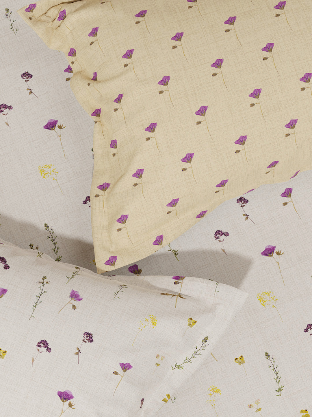 100% Cotton King Bedsheet Set with 4 Pillow Covers & 2 Cushion Covers, 400 TC White & Purple Floral, Royal Essence Nature Poetry