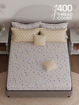 100% Cotton King Bedsheet Set with 4 Pillow Covers & 2 Cushion Covers, 400 TC White & Purple Floral, Royal Essence Nature Poetry