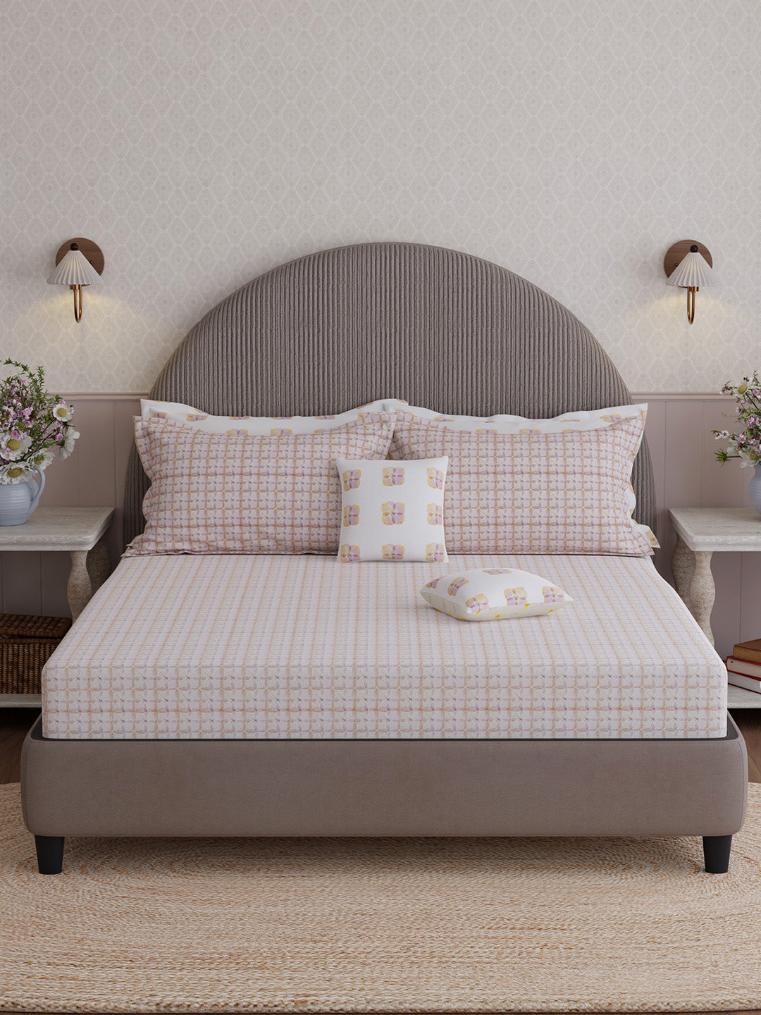 100% Cotton King Bedsheet Set with 4 Pillow Covers & 2 Cushion Covers, 400 TC White & Pink Floral, Royal Essence