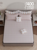 100% Cotton King Bedsheet Set with 4 Pillow Covers & 2 Cushion Covers, 400 TC White & Pink Floral, Royal Essence