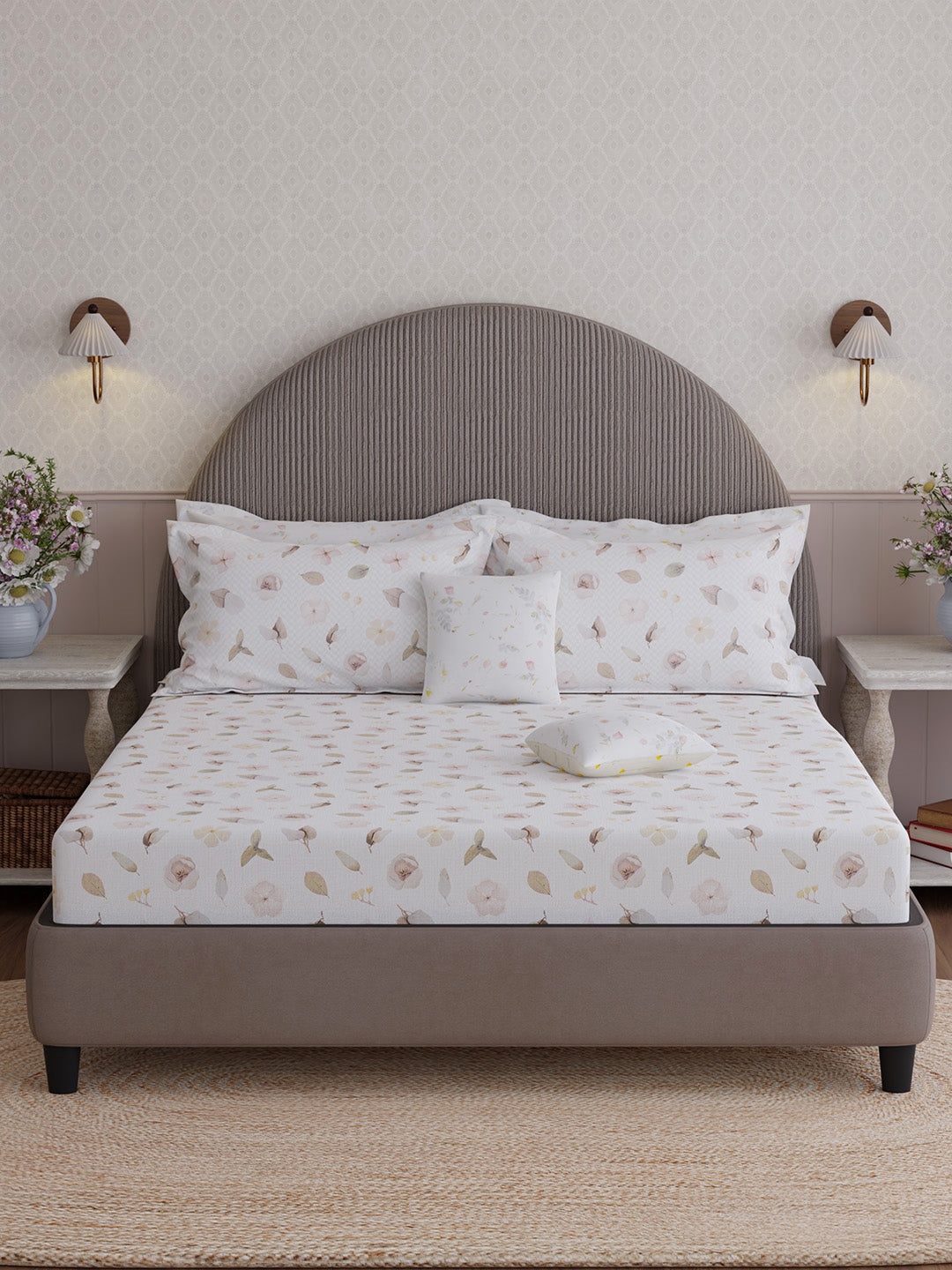 100% Cotton King Bedsheet Set with 4 Pillow Covers & 2 Cushion Covers, 400 TC Beige & White Floral, Royal Essence