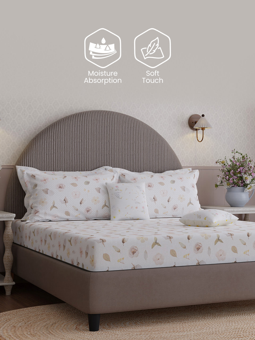 100% Cotton King Bedsheet Set with 4 Pillow Covers & 2 Cushion Covers, 400 TC Beige & White Floral, Royal Essence