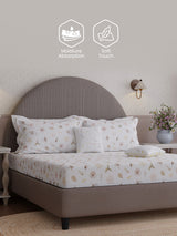 100% Cotton King Bedsheet Set with 4 Pillow Covers & 2 Cushion Covers, 400 TC Beige & White Floral, Royal Essence