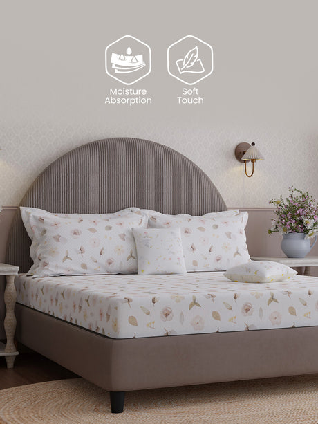100% Cotton King Bedsheet Set with 4 Pillow Covers & 2 Cushion Covers, 400 TC Beige & White Floral, Royal Essence