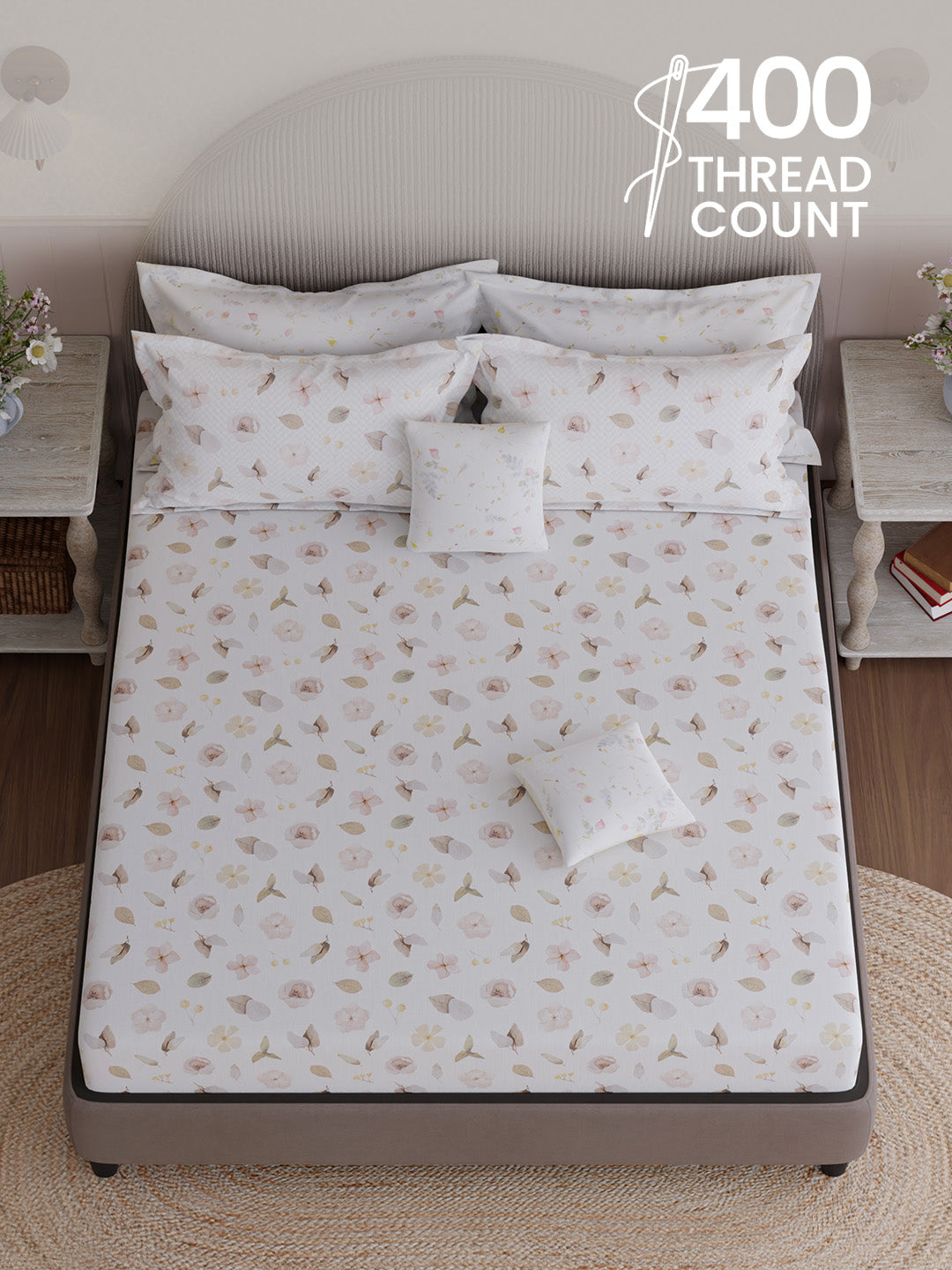 100% Cotton King Bedsheet Set with 4 Pillow Covers & 2 Cushion Covers, 400 TC Beige & White Floral, Royal Essence