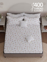 100% Cotton King Bedsheet Set with 4 Pillow Covers & 2 Cushion Covers, 400 TC Beige & White Floral, Royal Essence