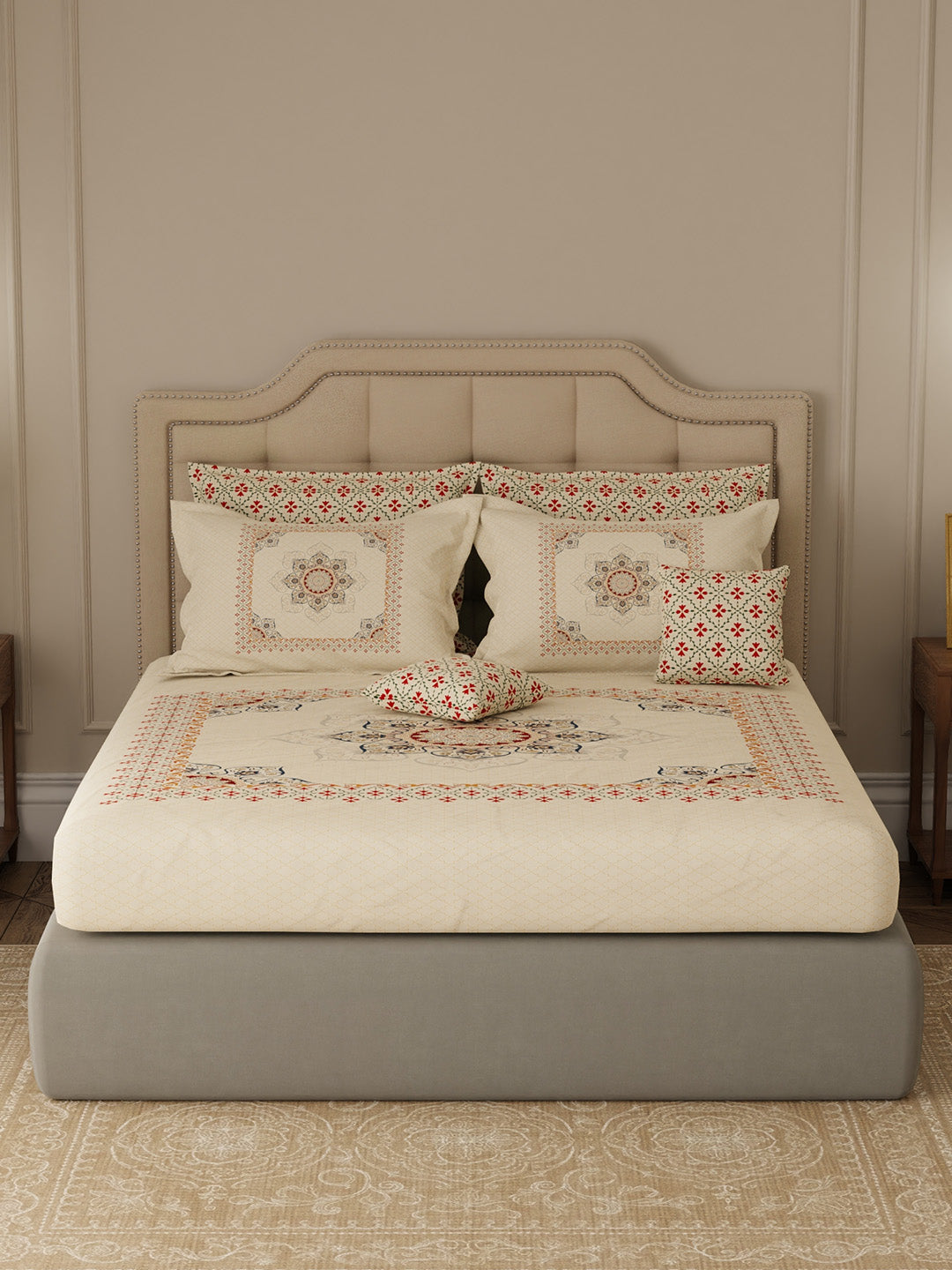 100% Cotton King Bedsheet Set with 4 Pillow Covers & 2 Cushion Covers, 400 TC Beige Ethnic Print, Royal Essence