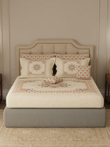 100% Cotton King Bedsheet Set with 4 Pillow Covers & 2 Cushion Covers, 400 TC Beige Ethnic Print, Royal Essence